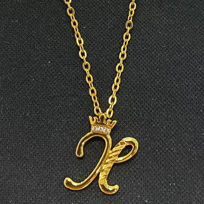 Initial Script A-Z Letter Crown Pendant Necklace 18K Gold Plated Cubic Zirconia Necklace