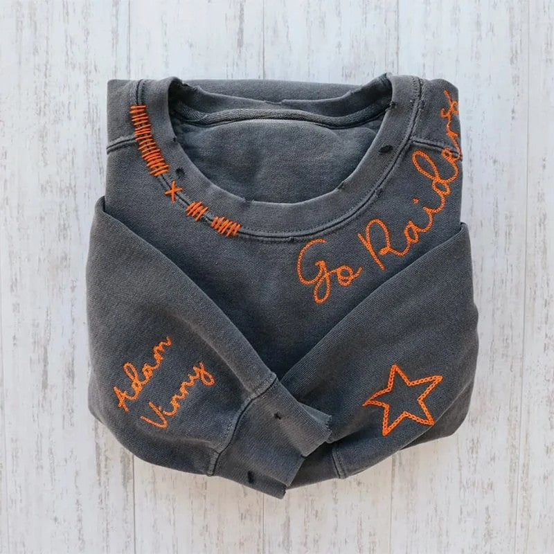 Add Your Text Collar Embroidered Hand Distressed Customized Sweatshirt