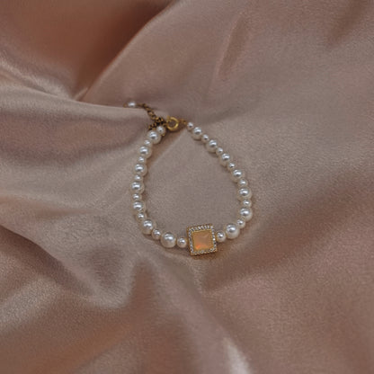 Pearl Bracelet with Square Crystal Pendant