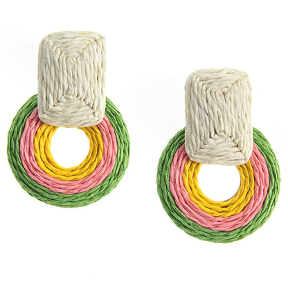 Round Rattan Bohemian Resort Earrings Handmade Straw Drop Dangle Earrings