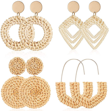 Bohemian Resort Beach Wicker Braid Rattan Earrings Summer Woven Raffia Earrings