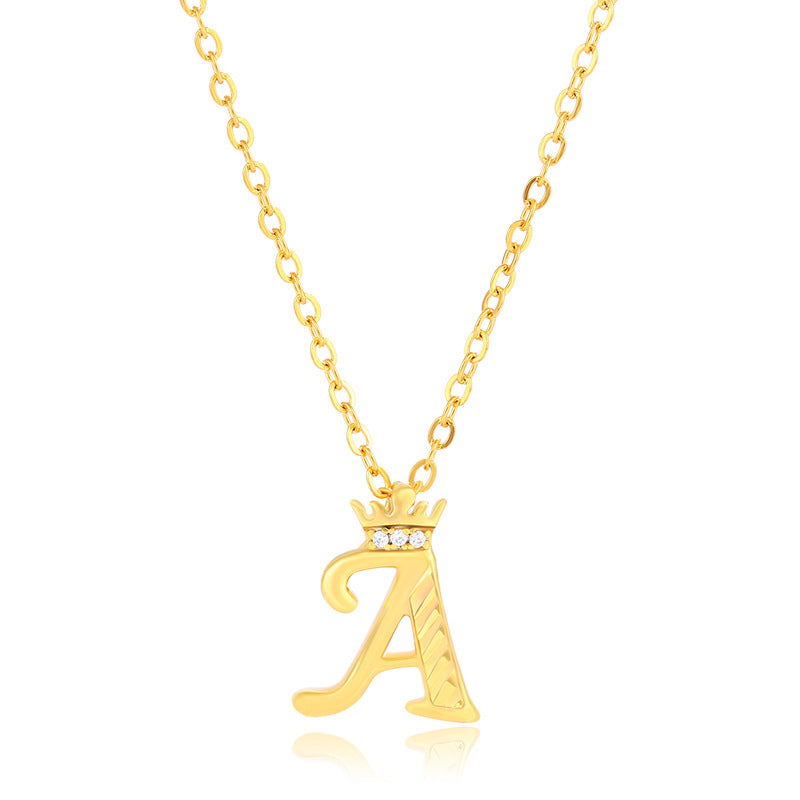 Initial Script A-Z Letter Crown Pendant Necklace 18K Gold Plated Cubic Zirconia Necklace