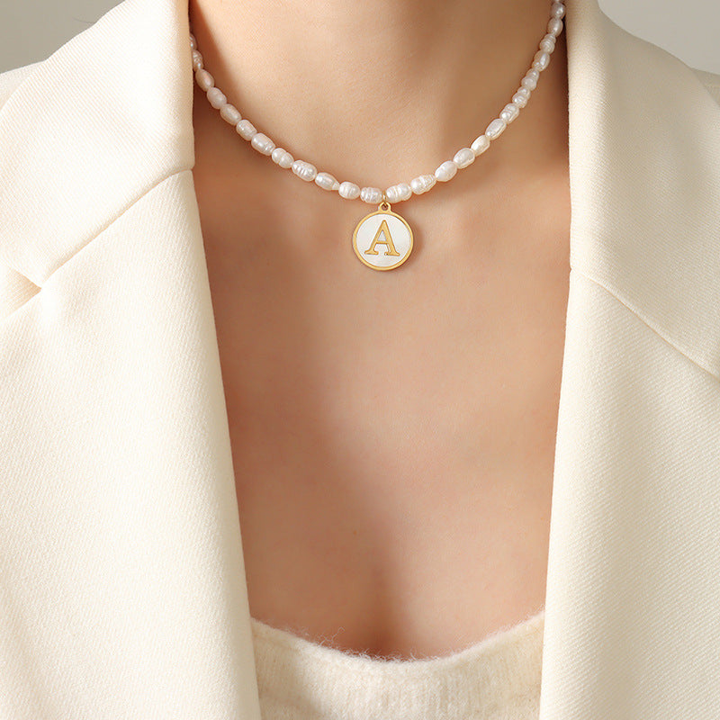 Initial A-Z Shell Letter Coin Pendant Dainty Chain Pearl Necklace