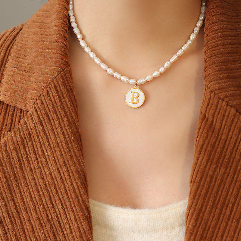 Initial A-Z Shell Letter Coin Pendant Dainty Chain Pearl Necklace