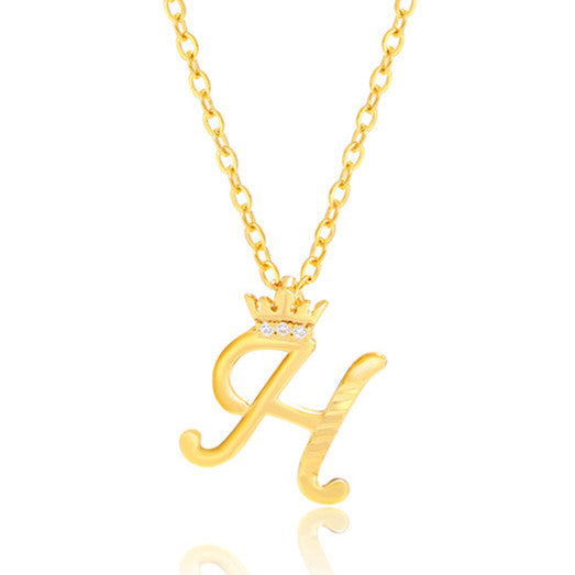 Initial Script A-Z Letter Crown Pendant Necklace 18K Gold Plated Cubic Zirconia Necklace