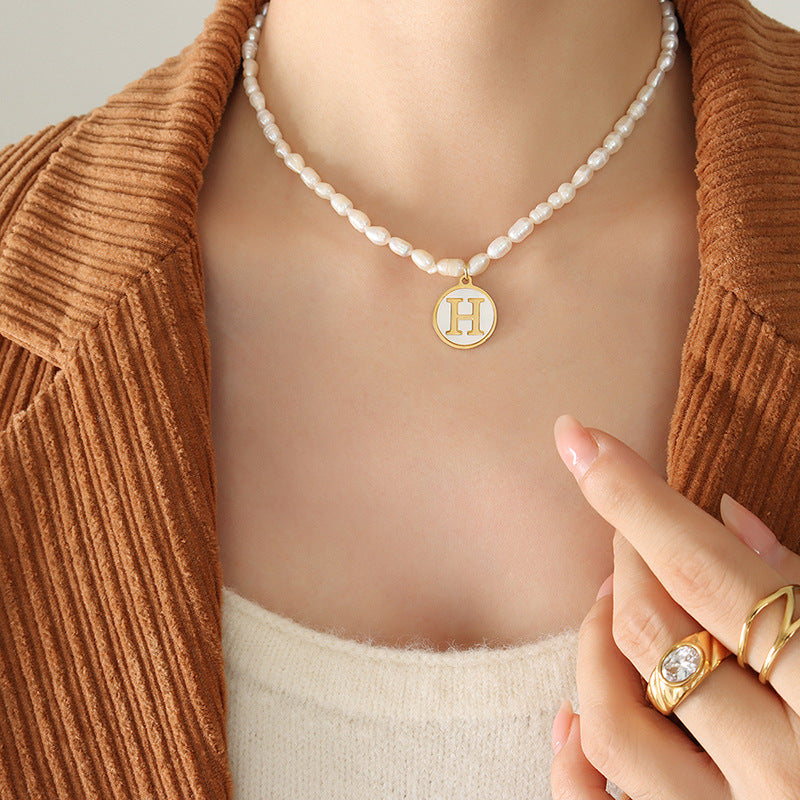 Initial A-Z Shell Letter Coin Pendant Dainty Chain Pearl Necklace