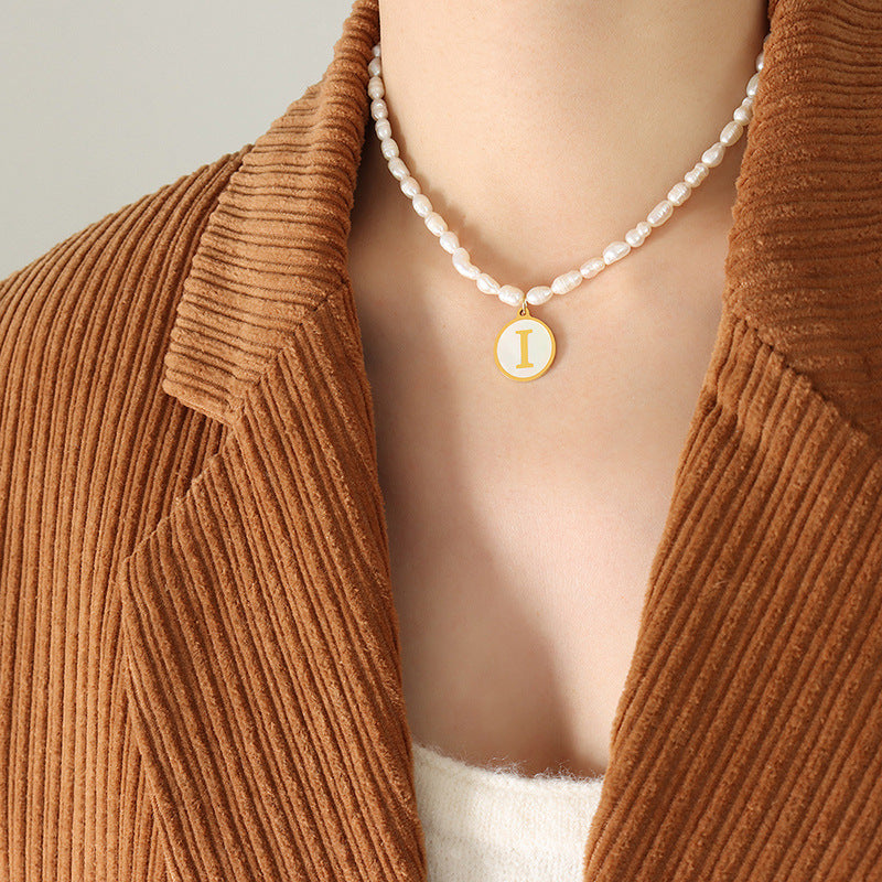 Initial A-Z Shell Letter Coin Pendant Dainty Chain Pearl Necklace