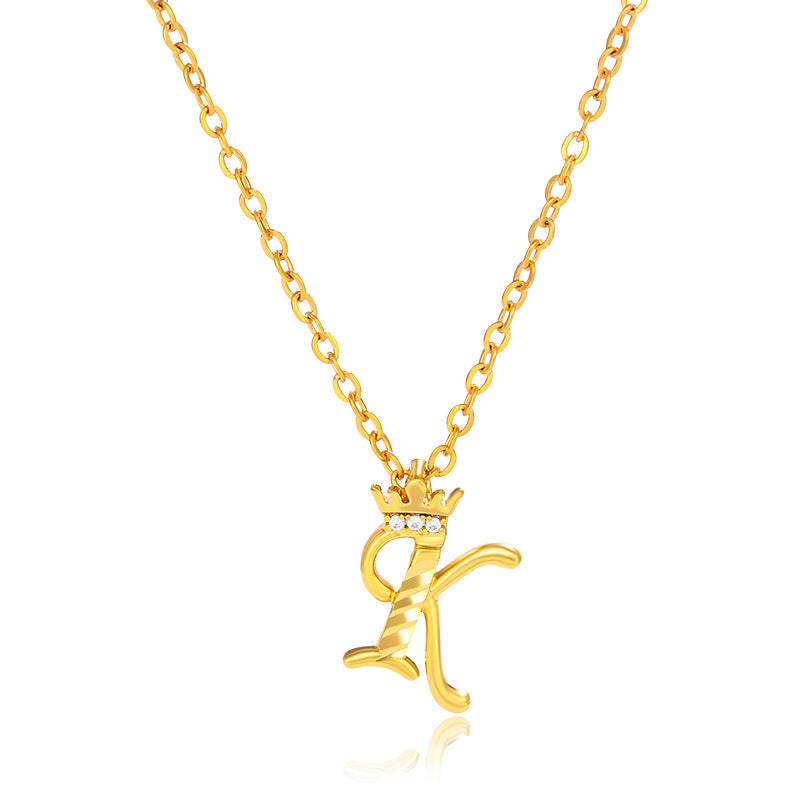 Initial Script A-Z Letter Crown Pendant Necklace 18K Gold Plated Cubic Zirconia Necklace