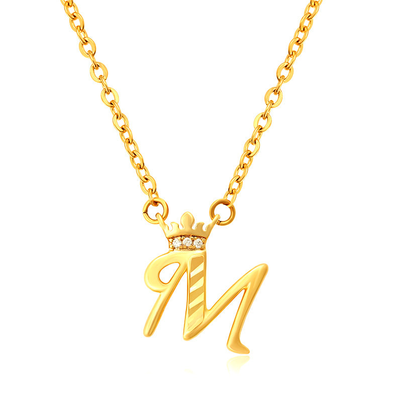 Initial Script A-Z Letter Crown Pendant Necklace 18K Gold Plated Cubic Zirconia Necklace