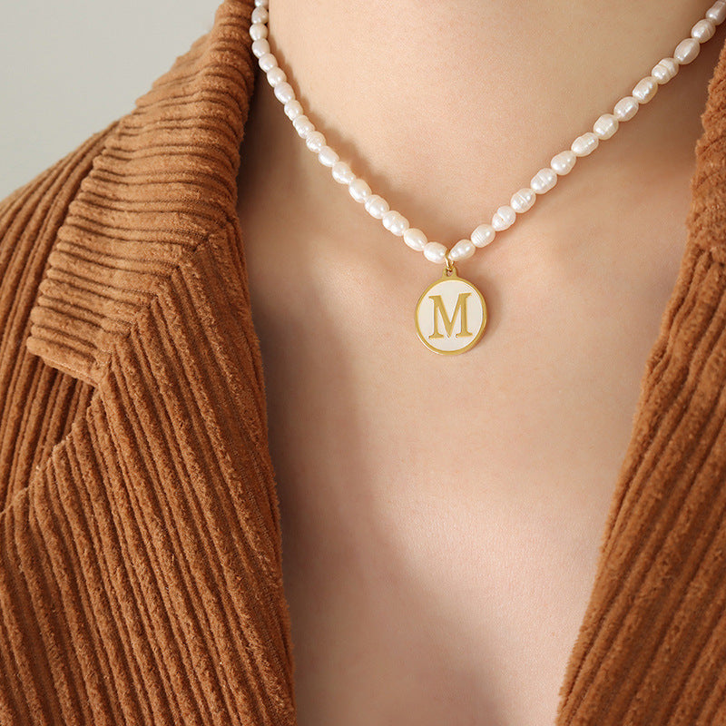 Initial A-Z Shell Letter Coin Pendant Dainty Chain Pearl Necklace