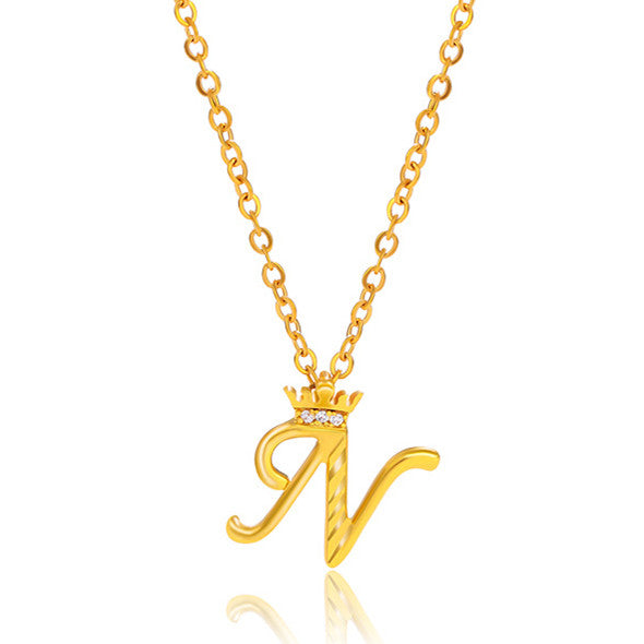 Initial Script A-Z Letter Crown Pendant Necklace 18K Gold Plated Cubic Zirconia Necklace