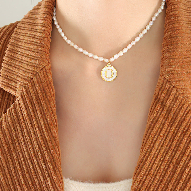 Initial A-Z Shell Letter Coin Pendant Dainty Chain Pearl Necklace