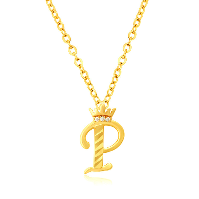 Initial Script A-Z Letter Crown Pendant Necklace 18K Gold Plated Cubic Zirconia Necklace