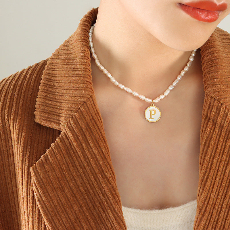 Initial A-Z Shell Letter Coin Pendant Dainty Chain Pearl Necklace