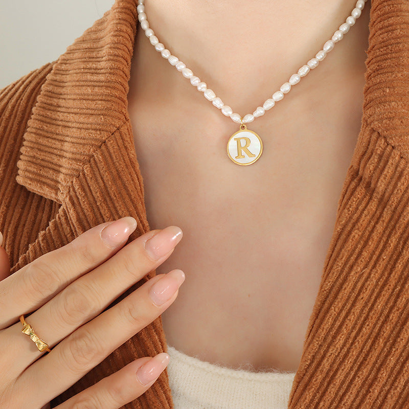 Initial A-Z Shell Letter Coin Pendant Dainty Chain Pearl Necklace