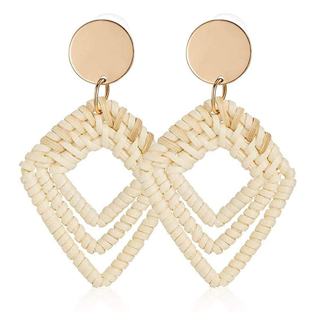 Bohemian Resort Beach Wicker Braid Rattan Earrings Summer Woven Raffia Earrings