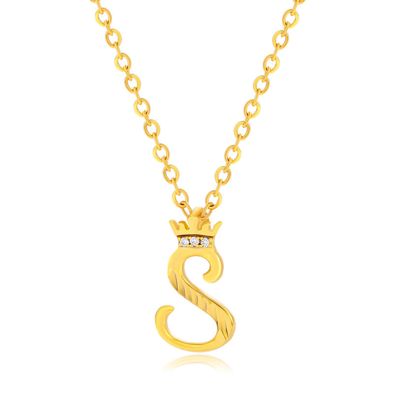 Initial Script A-Z Letter Crown Pendant Necklace 18K Gold Plated Cubic Zirconia Necklace