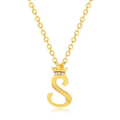 Initial Script A-Z Letter Crown Pendant Necklace 18K Gold Plated Cubic Zirconia Necklace