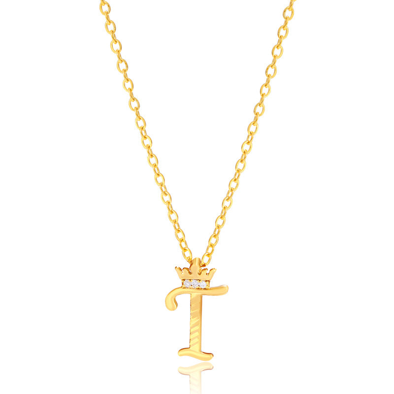 Initial Script A-Z Letter Crown Pendant Necklace 18K Gold Plated Cubic Zirconia Necklace