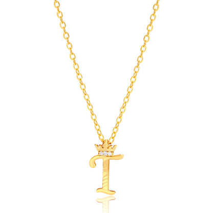 Initial Script A-Z Letter Crown Pendant Necklace 18K Gold Plated Cubic Zirconia Necklace