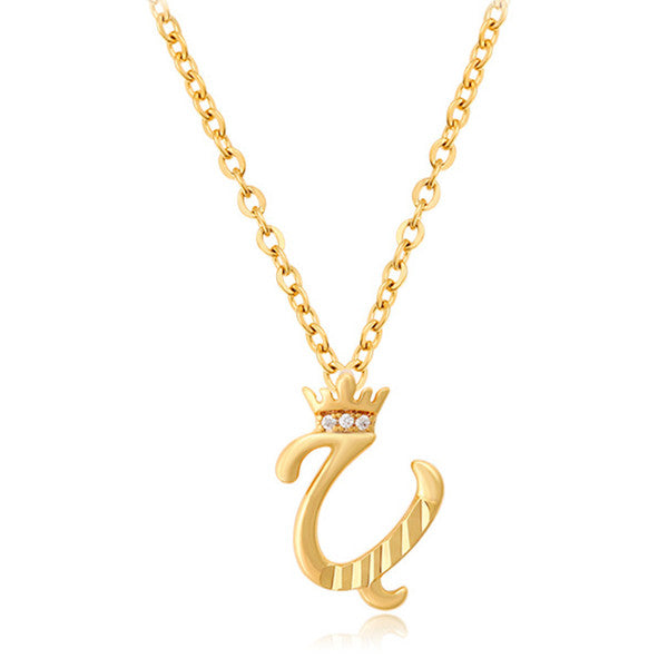 Initial Script A-Z Letter Crown Pendant Necklace 18K Gold Plated Cubic Zirconia Necklace