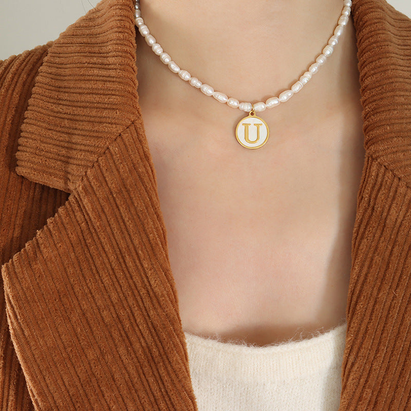 Initial A-Z Shell Letter Coin Pendant Dainty Chain Pearl Necklace