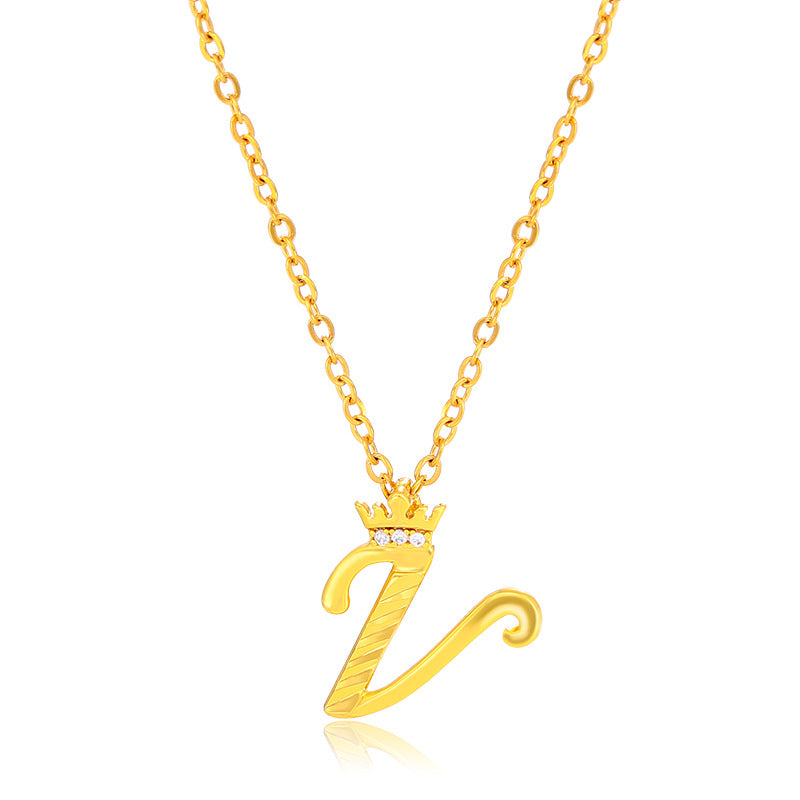 Initial Script A-Z Letter Crown Pendant Necklace 18K Gold Plated Cubic Zirconia Necklace