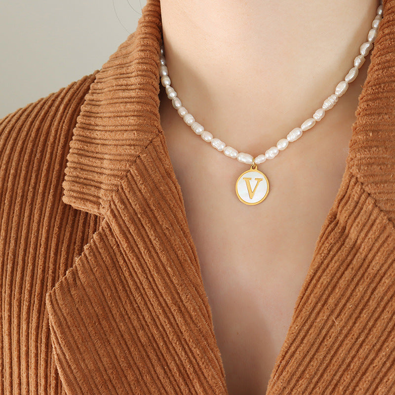 Initial A-Z Shell Letter Coin Pendant Dainty Chain Pearl Necklace