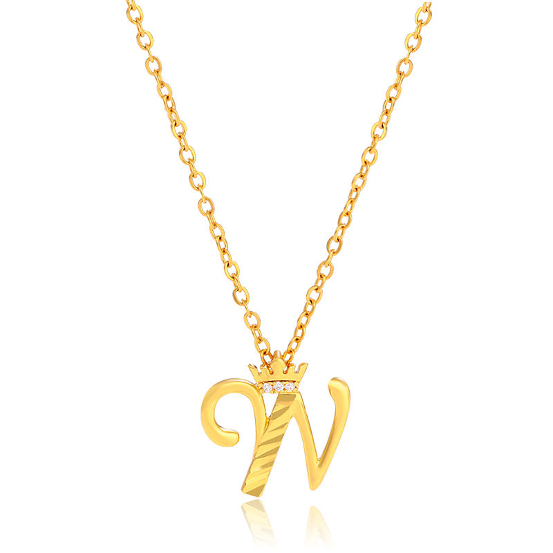 Initial Script A-Z Letter Crown Pendant Necklace 18K Gold Plated Cubic Zirconia Necklace