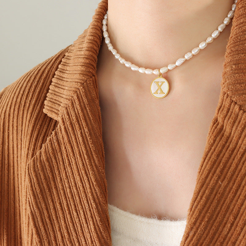 Initial A-Z Shell Letter Coin Pendant Dainty Chain Pearl Necklace