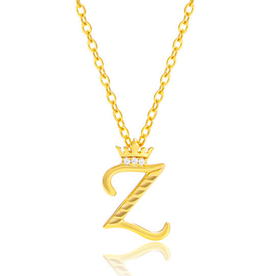 Initial Script A-Z Letter Crown Pendant Necklace 18K Gold Plated Cubic Zirconia Necklace