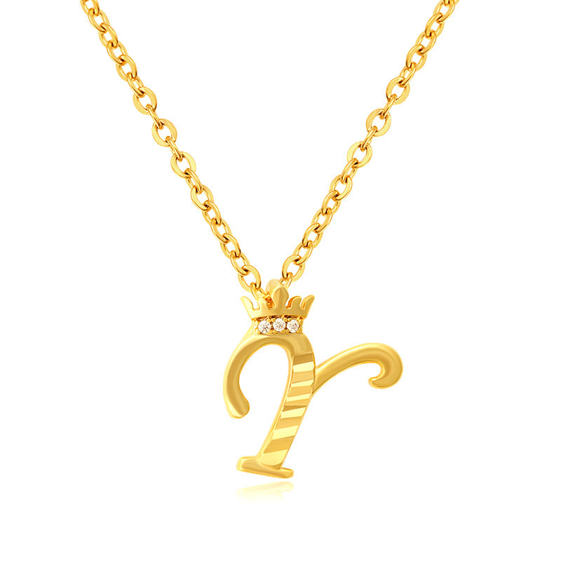 Initial Script A-Z Letter Crown Pendant Necklace 18K Gold Plated Cubic Zirconia Necklace